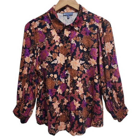 Democracy Top Womens M Purple Dark Floral Viscose Button Up Pleated 3/4 Sleeve - Picture 2 of 13